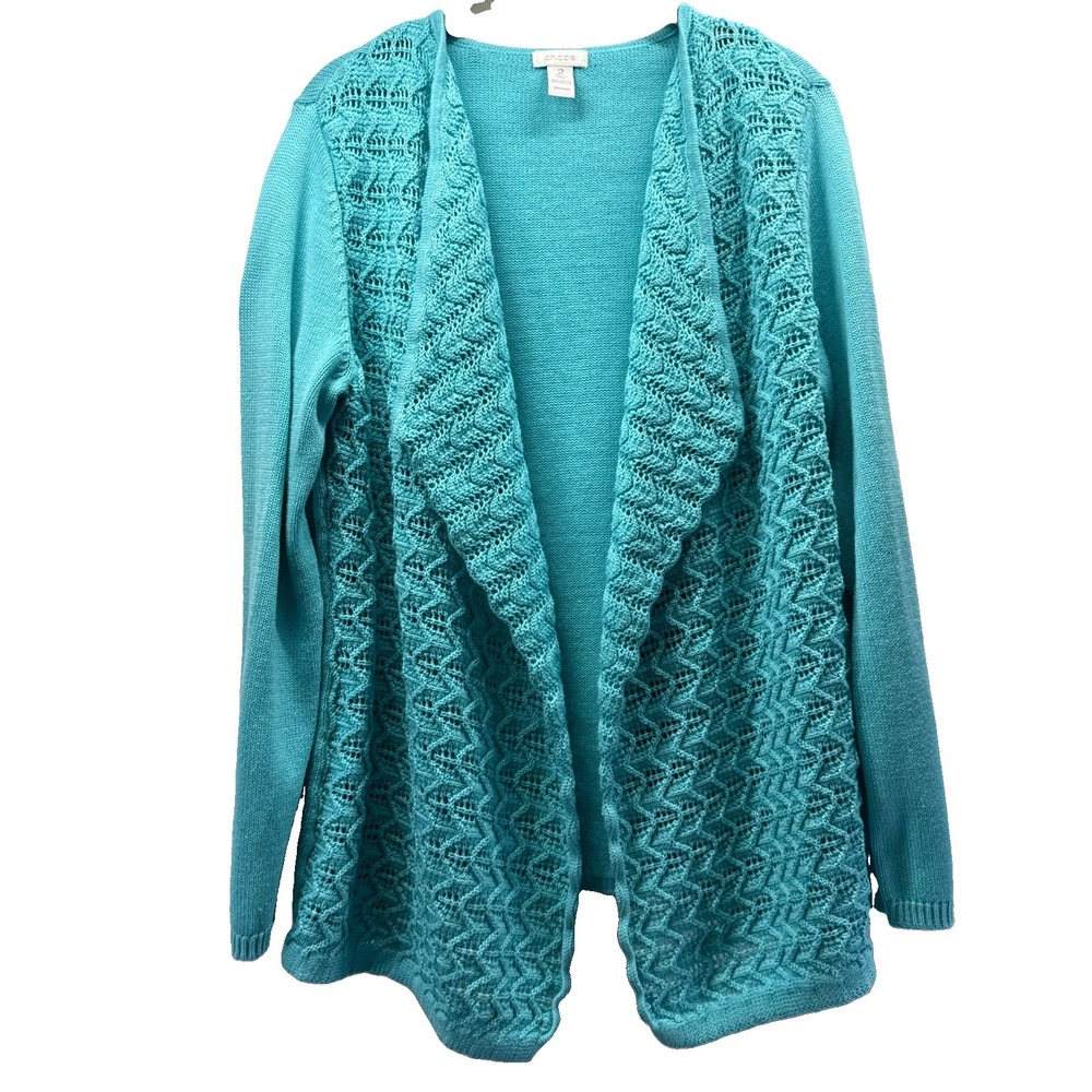 Chicos Women's Cardigan Sweater Size Large Solid Blue Textured Knit Long Sleeves